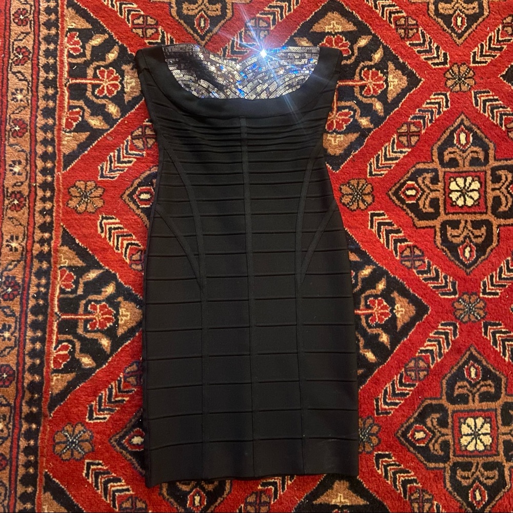 herve leger strapless black bandage dress with purple sequins size small.